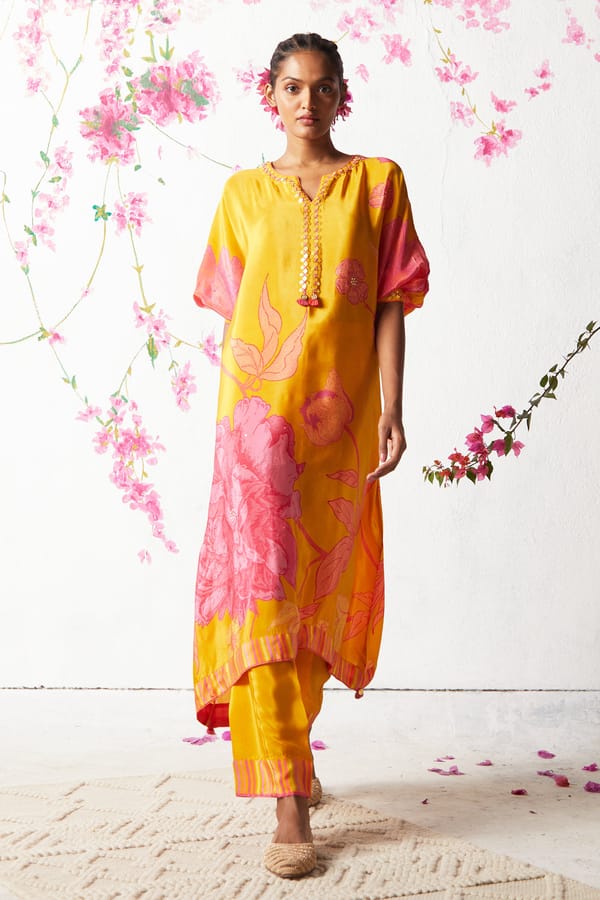 Mustard Floral Printed Crepe Co-ord Set with Embellished Neck — Basil Leaf