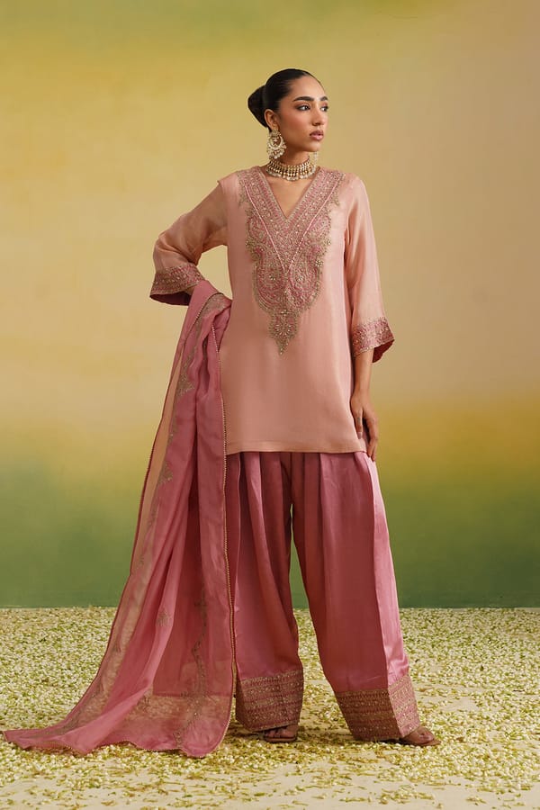 Naaz Pink Tissue Hand Embroidered Farshi Set — INCHING INDIA