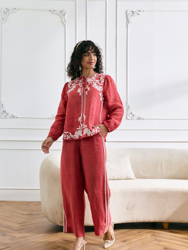Pink Linen Wide-Leg Trousers with Contrast Side Trim — Style Island
