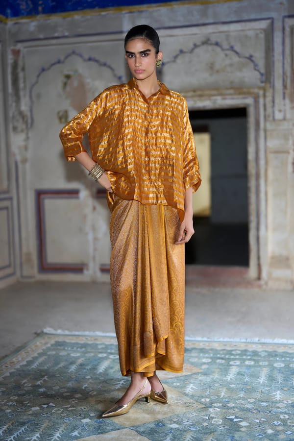 Benares Tissue Relaxed Fit Shirt & Brocade Drape Skirt — Dash and Dot