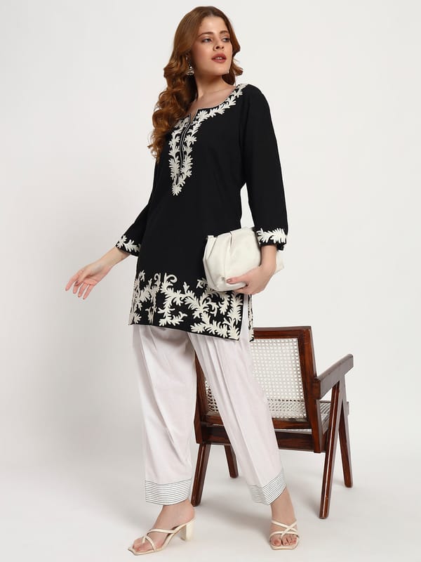 Black & Ivory Organic-Cotton Embroidered Kurta — Gotta Kinari