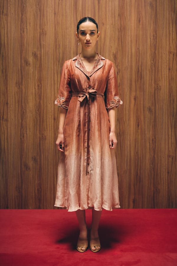 Mocha Ombre A-Line Midi Shirt Dress with Embroidery — Love Kiki