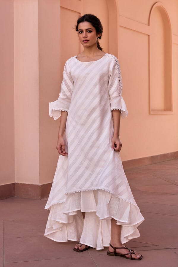 White Striped Gauze Midi Dress with Lace Detail — YELL