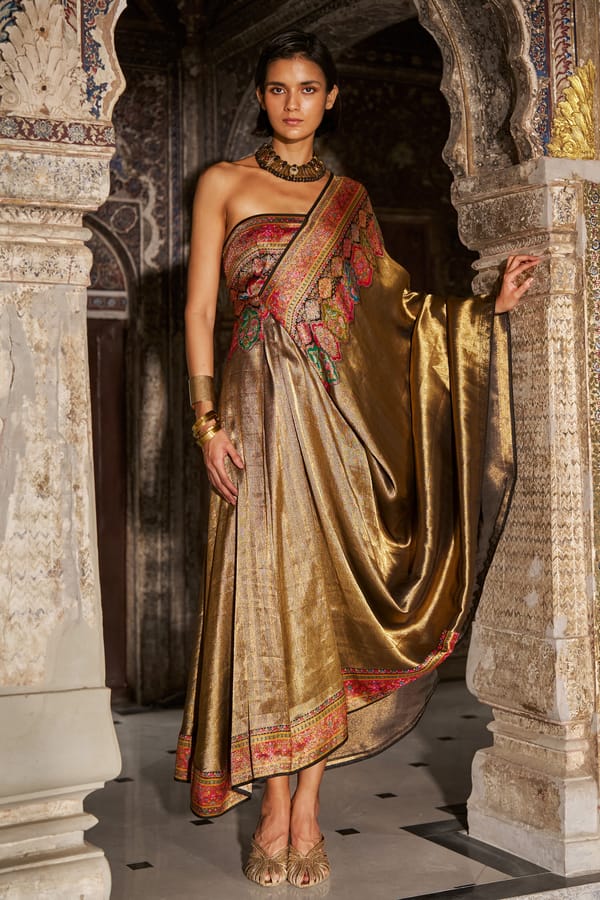 Metallic Gold One-Shoulder Brocade Drape Midi Gown — Dash and Dot