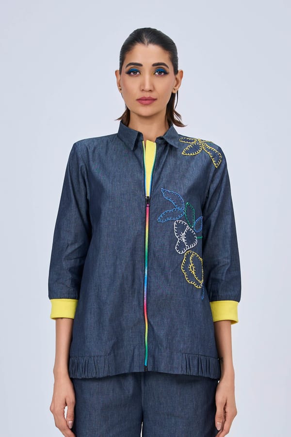 Blue Cotton Denim Zip-Front Shirt with Applique Detail — KOR