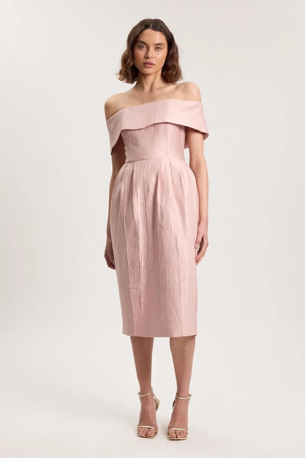 Pale Pink Off-Shoulder Textured Twill Midi Dress — KAREN MILLEN