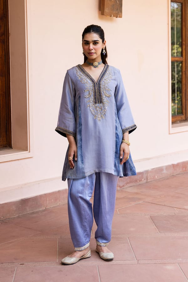 Ziya Icy Lilac Tissue Hand Embroidered Set — INCHING INDIA