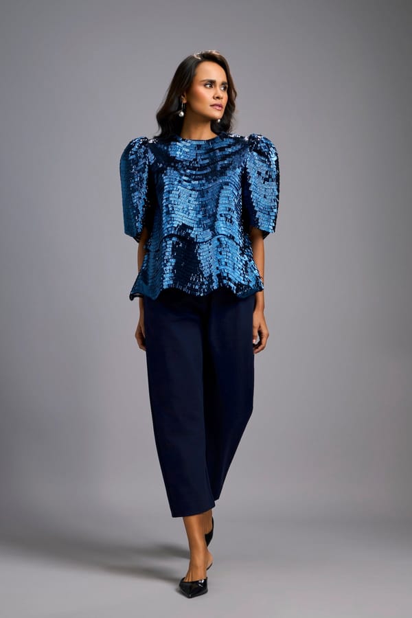 Textured Navy Blue Shimmer Top with Sculptural Shoulders and Cropped Pants — Deepika Arora