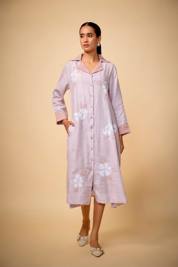 Pink Linen Midi Shirt Dress with Floral Print — Linen Bloom