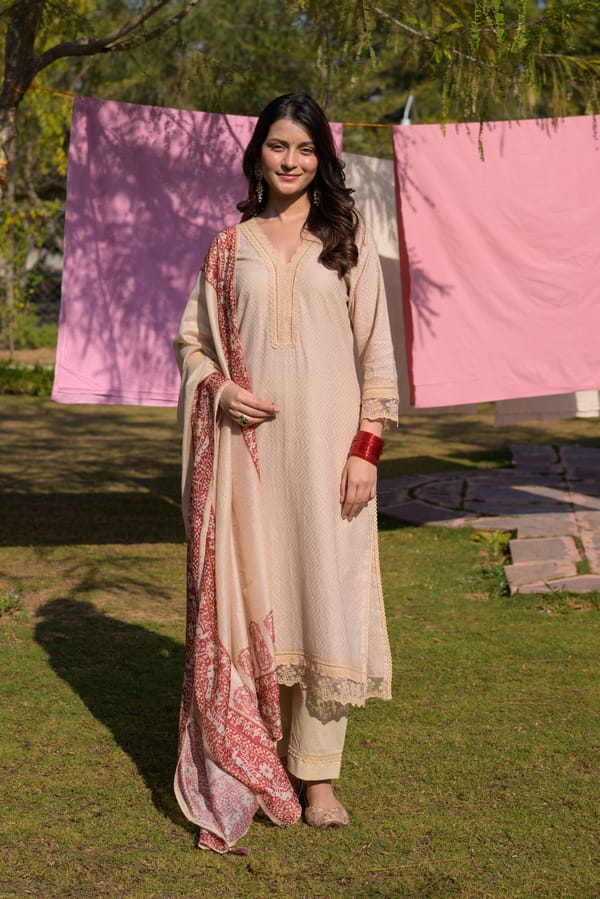 Beige Dobby Cotton with Lace and Block Printed Dupatta Suit Set-SET OF-3 — MAHEE JAIPUR