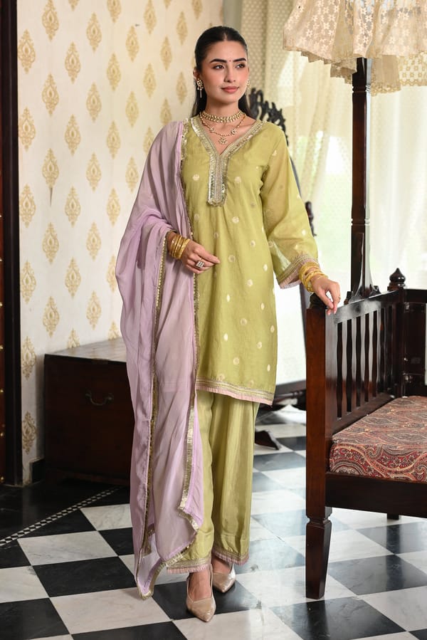 Lime Green with Purple Banarasi Farshi Salwar Set-SET OF-3 — MAHEE JAIPUR