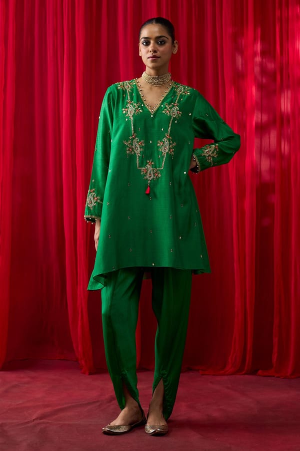 Green Embroidered Kurta Style Co-ord Set with Drape Pants — Shikha Mehta