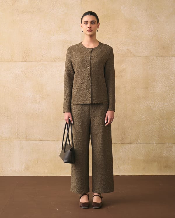 Brown Textured Jacket and Wide-Leg Pants Co-ord Set — Pleats by Aruni