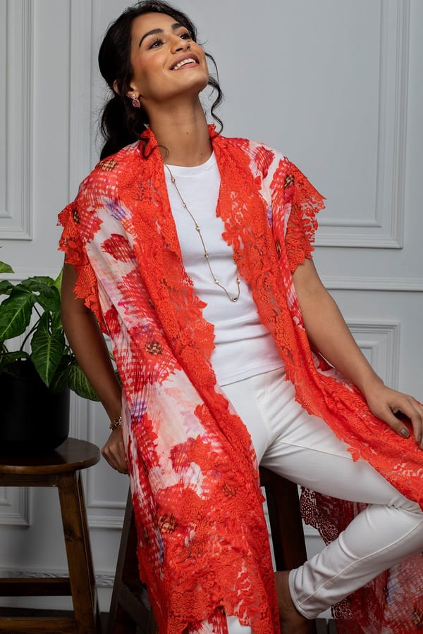 Red Printed Modal Cape with Lace Cutwork Border — Rhe-Ana