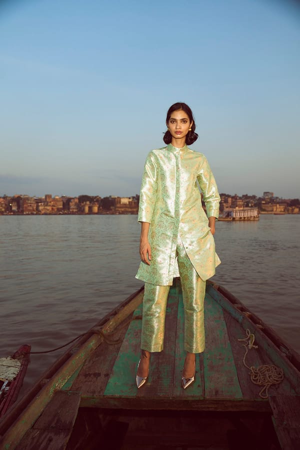 Mint Green Brocade Longline Top with Mandarin Collar — Dash and Dot