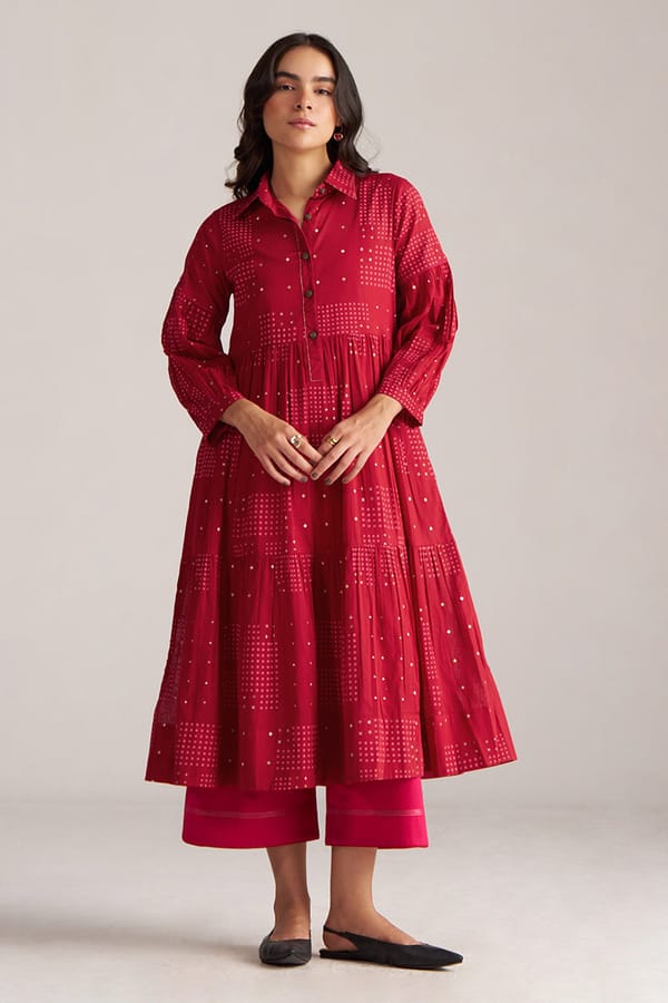Samba Red Block Print Tiered Kurta and Pant Co-ord Set — Ganga Fashions Pvt Ltd