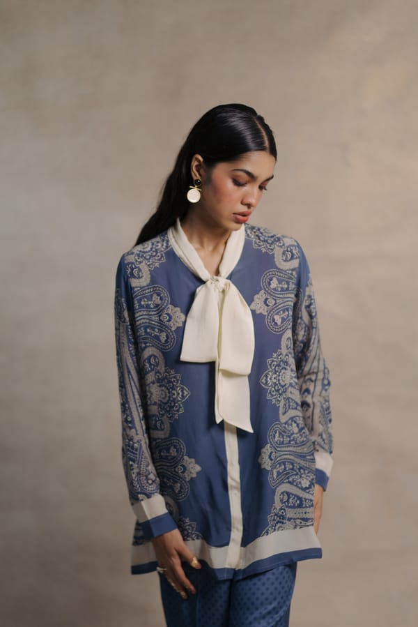 Blue and White Paisley Printed Crepe Tie-Neck Shirt — Moh India