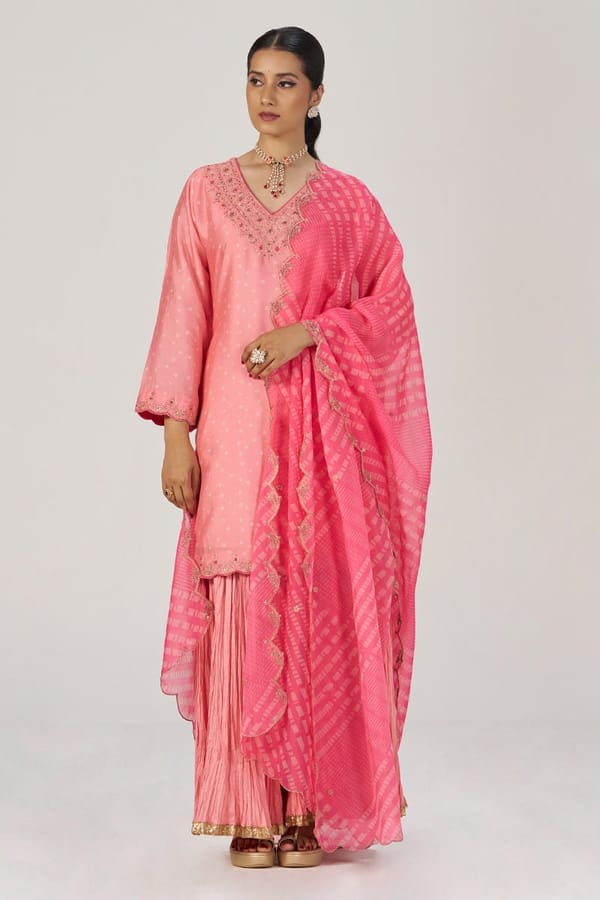 Peach Blossom Festive Bandhani Print Sharara Set — Ganga Fashions Pvt Ltd