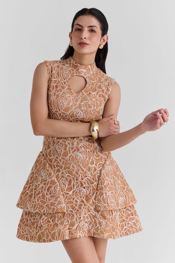 Beige Lace Fit and Flare Mini Dress with Keyhole Neck — Zabella