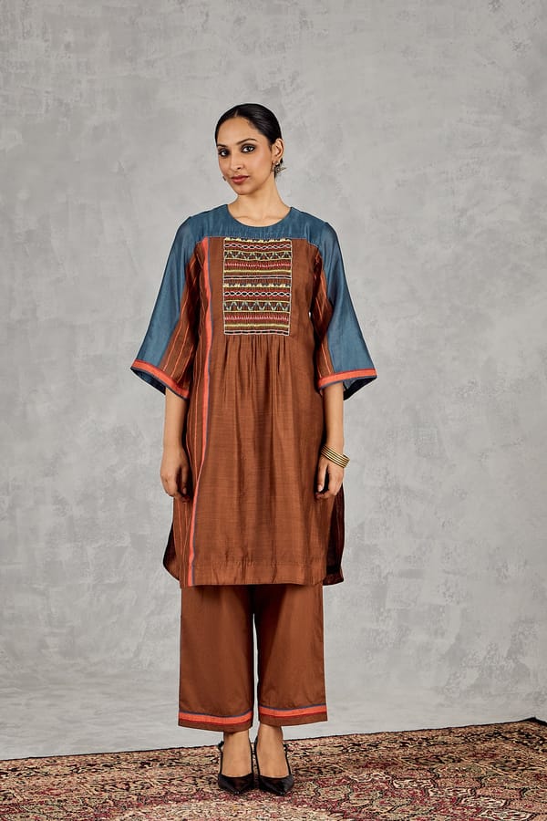 Brown/Blue Colorblock Chanderi Tunic Co-ord Set — SHIVANI BHARGAVA