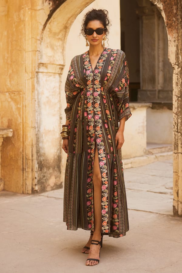 Black Floral Print Kaftan Set — Paulmi and Harsh