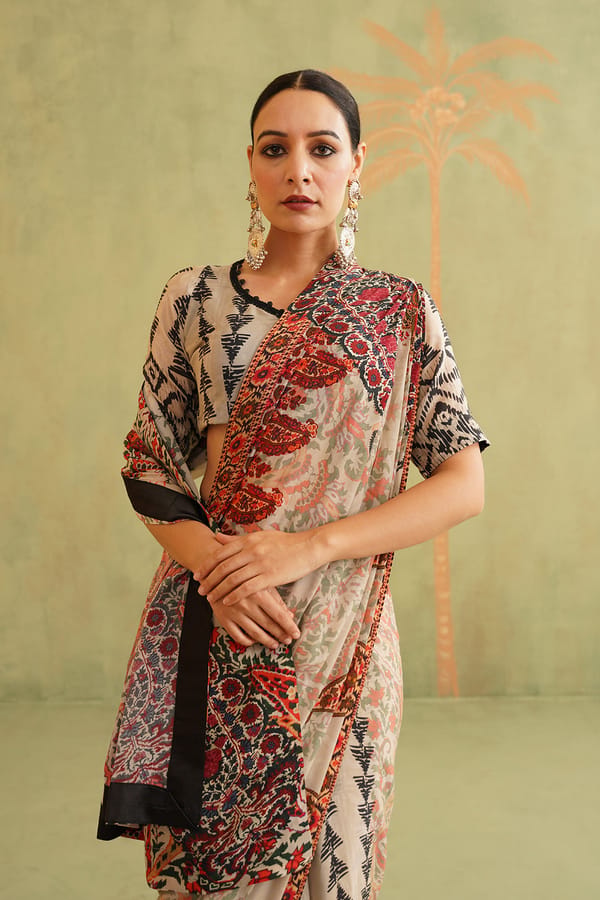 Multi Printed Pre-Draped Bemberg Crepe Saree — NEETIKA CHOPRA