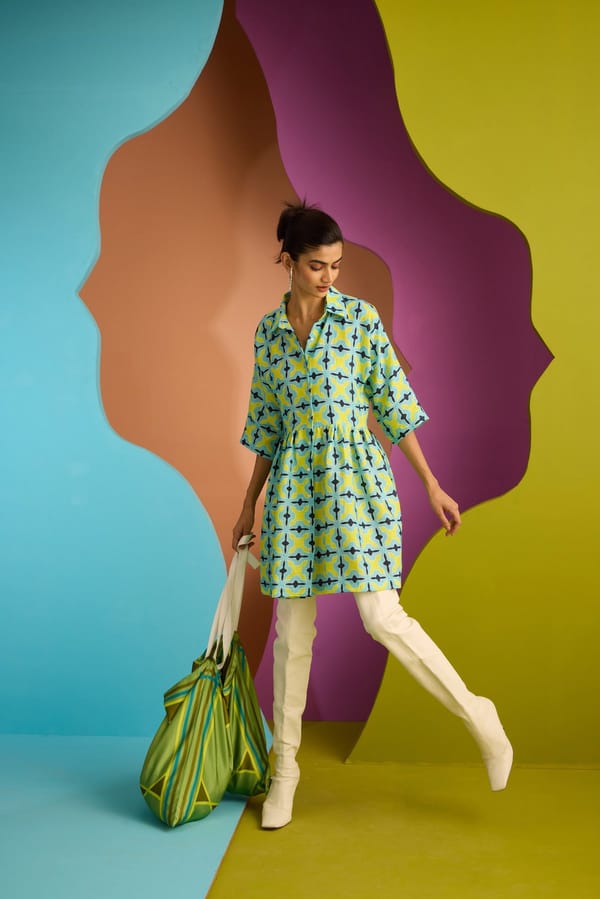Blue Printed Linen Shirt Dress with Buttons and Pockets — CUIN