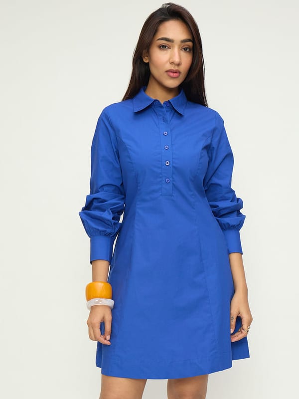 CrispCotton Royal Blue Panel Detail Mini Dress — Femmella