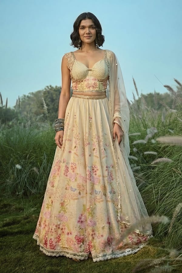Off White Floral Lehenga Set — Basil Leaf