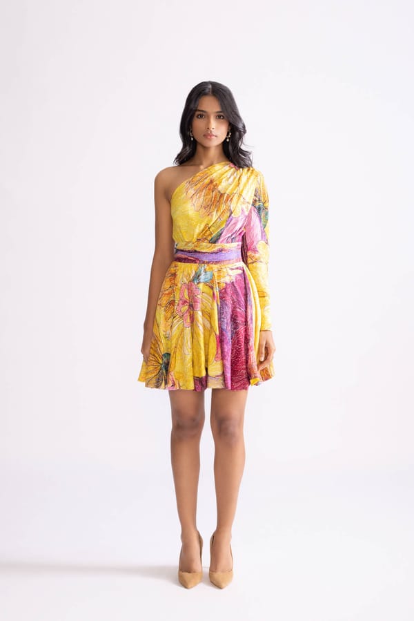 Yellow/Purple One-Shoulder Floral Mini Fit and Flare Dress — Saaksha and Kinni