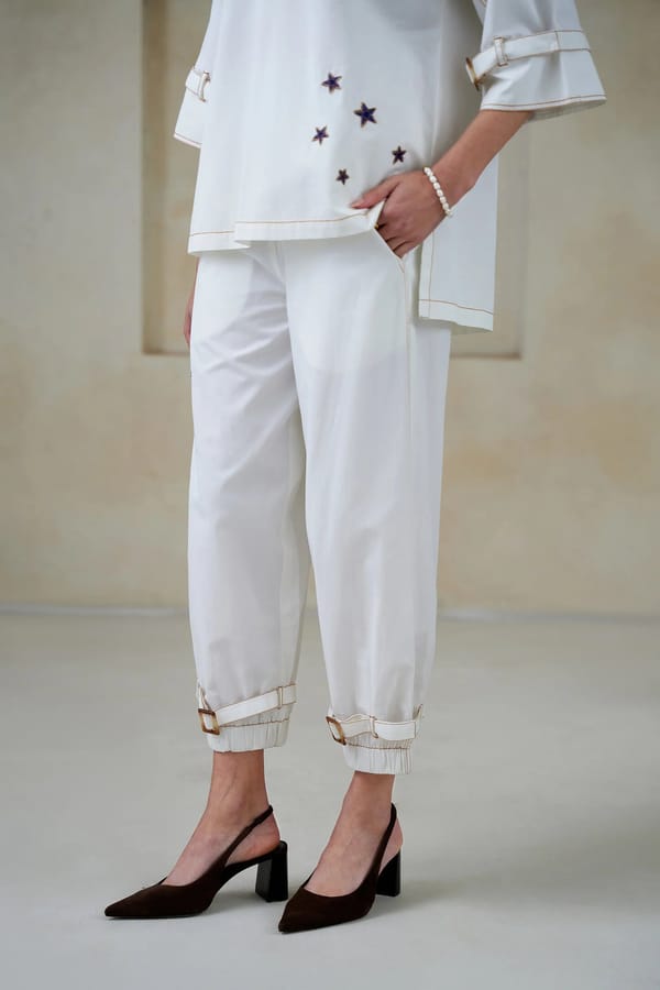White Cotton Tapered Trousers with Star Embroidery — STITCH STORIES