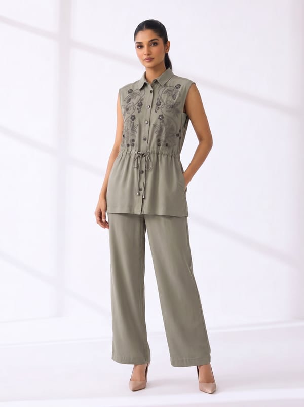 Green Sleeveless Embroidered Shirt and Pant Co-ord Set — THE LUXURY DRESSING