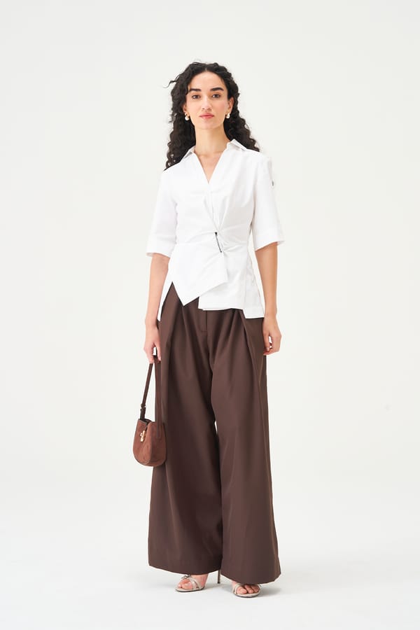 White Cotton Poplin Draped Waist Shirt — NOTEBOOK