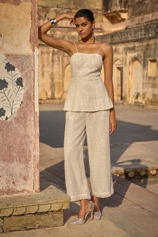 Ivory Wide-Leg Pearl and Sequin Embellished Trousers — Dash and Dot