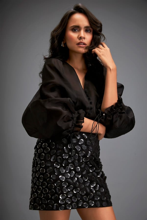 Textured Mini Skirt With Glossy Metallic Gun Metal Discs — Deepika Arora
