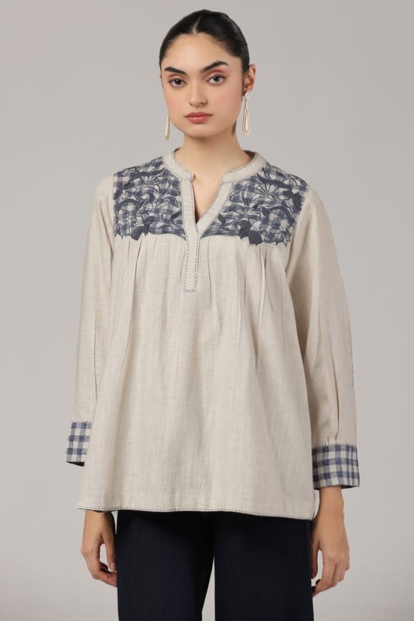 Off-White Embroidered Yoke Soft Cotton Top — Truly SMA