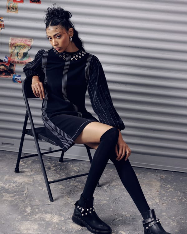 Black Mini Shift Dress with Metallic Ring Neckline — Veera Wear