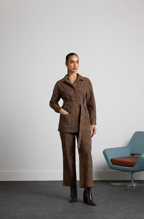 Brown Smoky Print Belted Shirt and Wide-Leg Co-ord Set — Muvazo