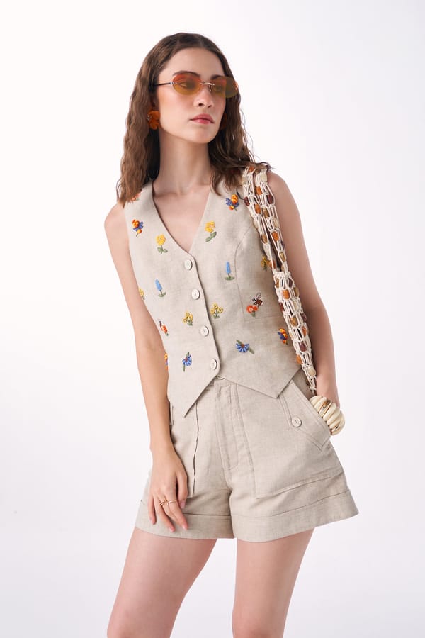 Neutral Linen Embroidered Vest and Shorts Co-ord Set — Our Love