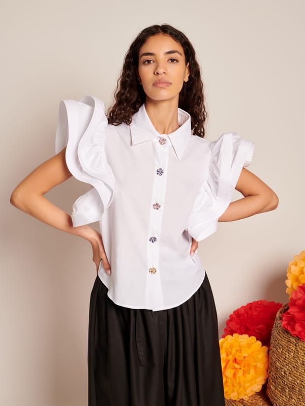 White Collared Sculptural Ruffle Sleeve Blouse — SISTER JANE
