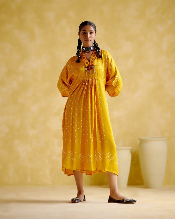 Mustard Bandhani Modal Satin Kaftan with Mirror-Work V-Neck — 5 Elements