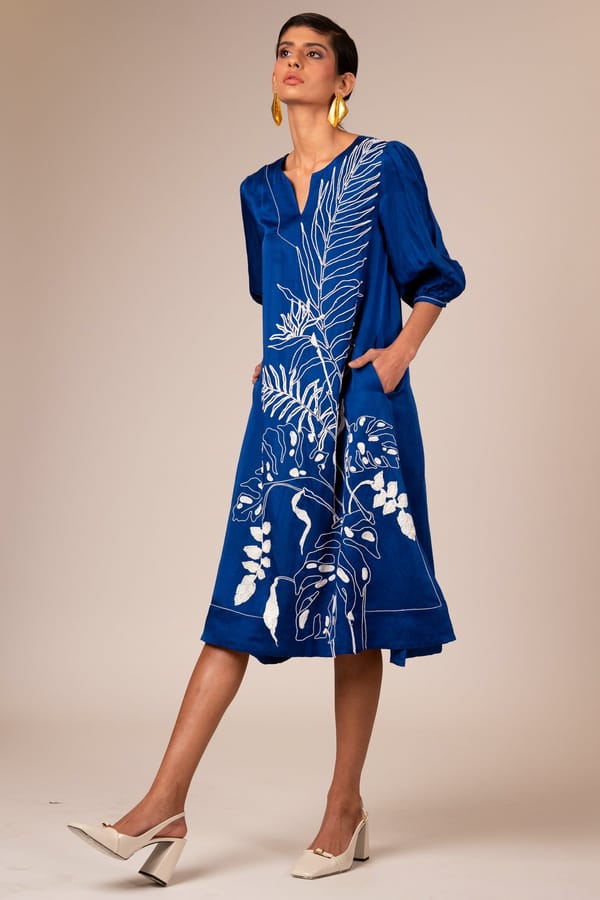 Blue Linen Satin Embroidered Midi Dress — Madder Much