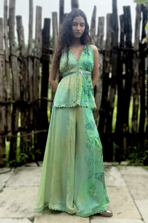Aqua Chiffon Printed Co-ord Set with Wide-Leg Pants — Basil Leaf