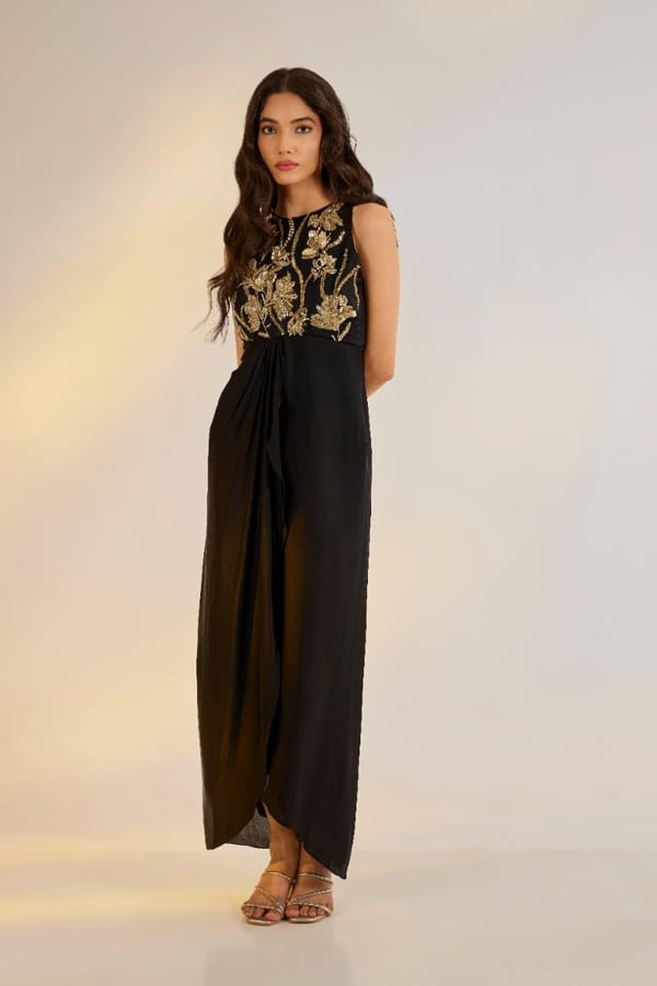 Black Satin Georgette Maxi Gown with Gold Embroidered Bodice — EWOKE STUDIO