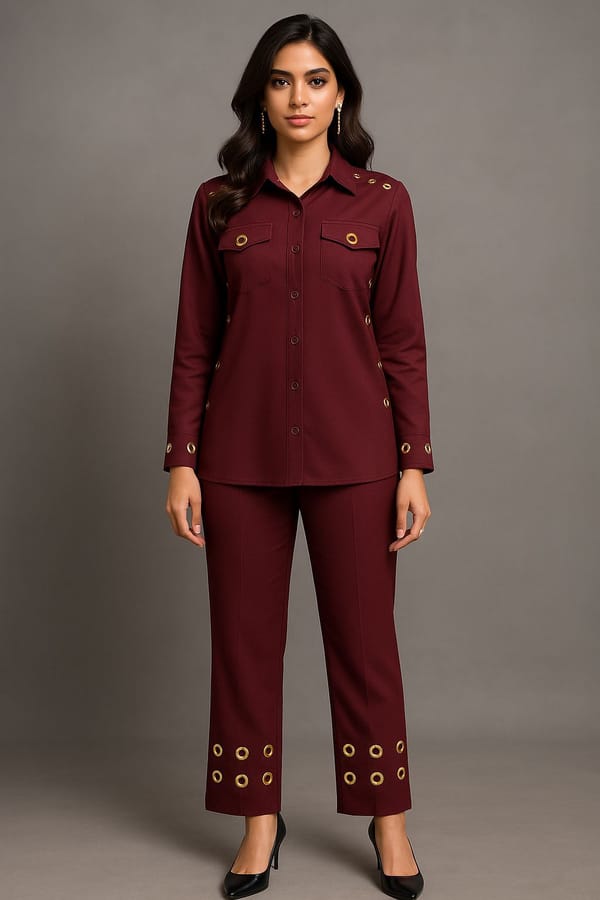 Maroon Eyelet Detail Shirt and Flared Pants Co-ord Set — Younglings
