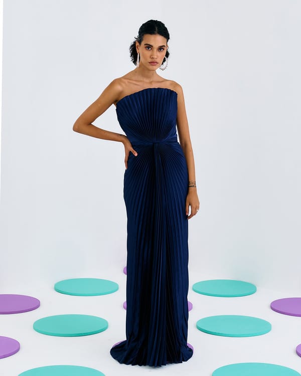 Blue Strapless Pleated Maxi Gown — Pleats by Aruni