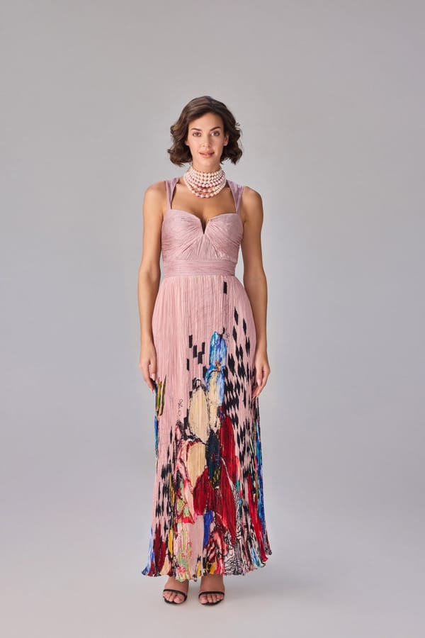 Light Pink Printed Micro-Pleated Chiffon Maxi Dress — Saaksha and Kinni