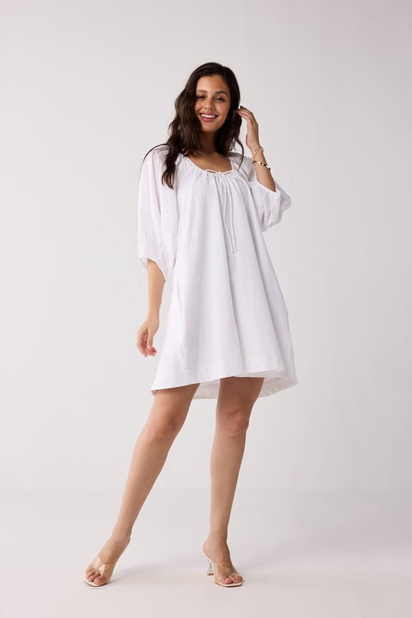 Puff Sleeved Dress with Drawstring Neckline — REISTOR