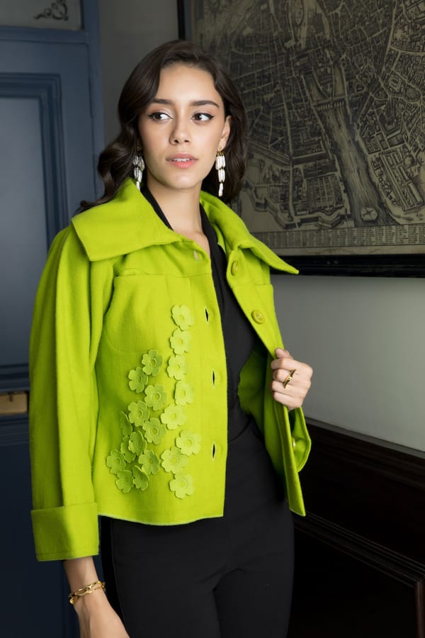 Lime Green Cropped Wool-Blend Jacket with 3D Floral Detail — Rhe-Ana