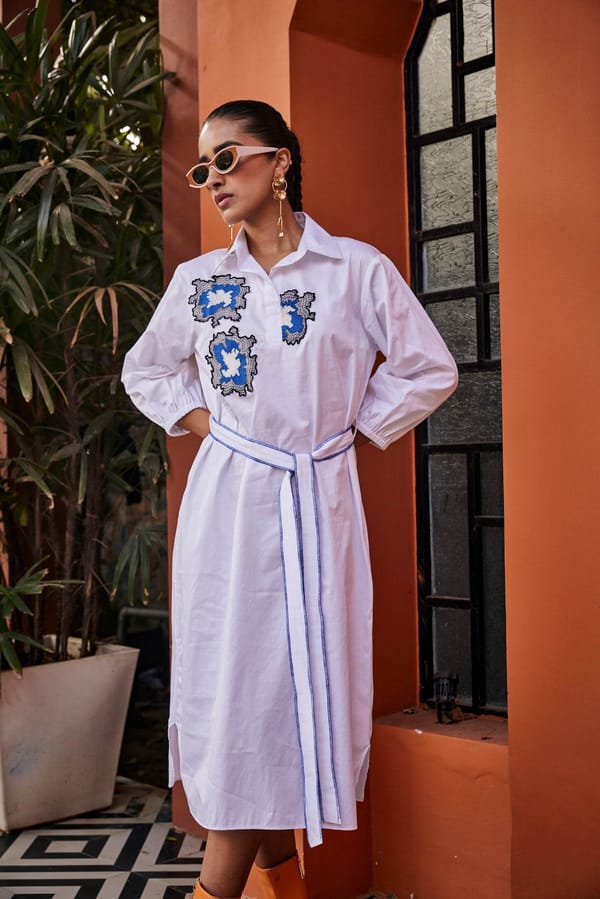 Azure Echo White Embroidered Dress — Puja Agarwal